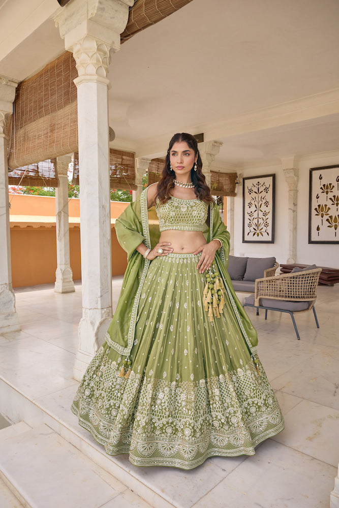 Olive Green Lehenga Choli with Intricate Silver Embroidery and Matching Dupatta