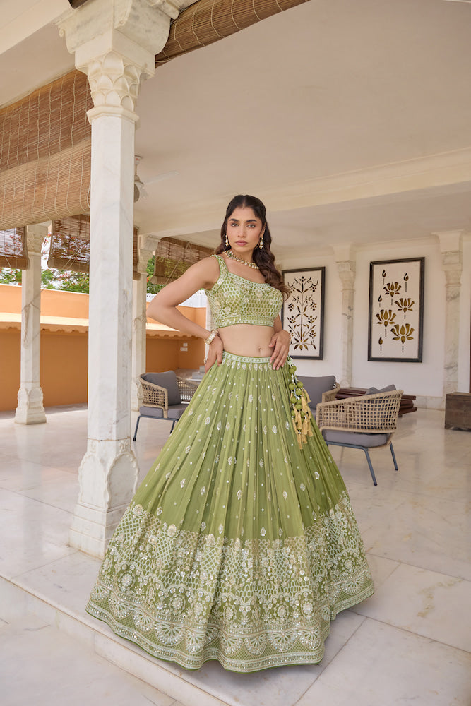 Olive Green Lehenga Choli with Intricate Silver Embroidery and Matching Dupatta