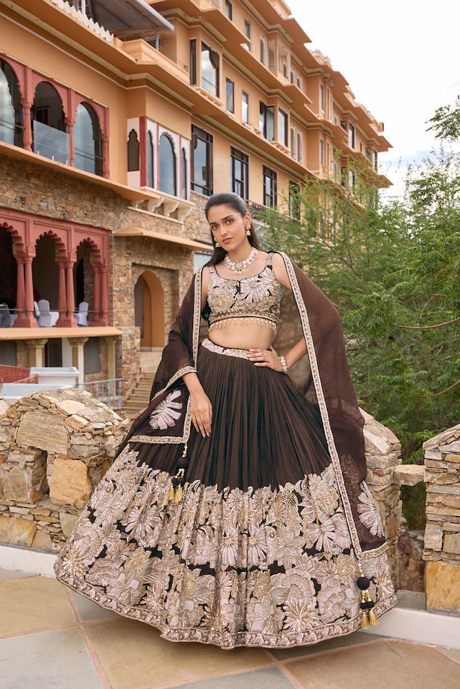 Black Lehenga Choli with Silver Floral Embroidery and Contrasting Embellished Dupatta