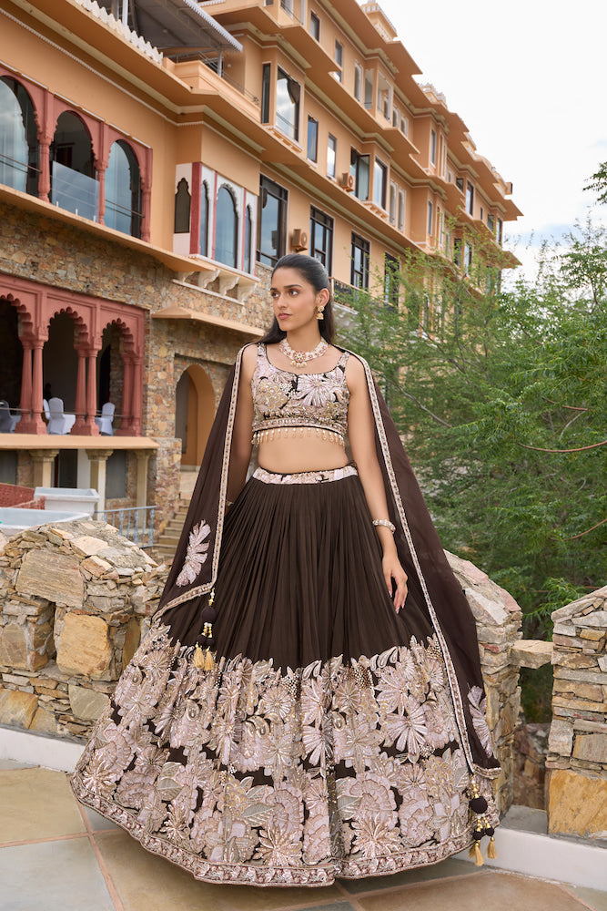 Black Lehenga Choli with Silver Floral Embroidery and Contrasting Embellished Dupatta