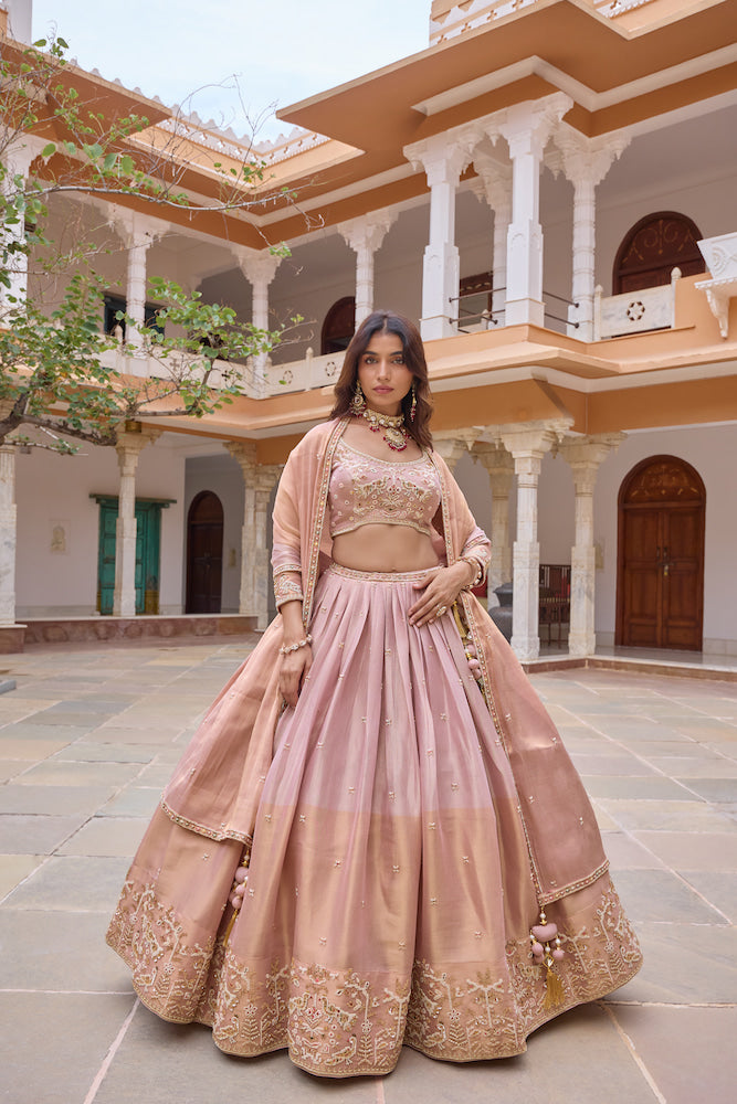 Blush Pink Lehenga Choli Set with Intricate Gold Embroidery, Embellished Blouse