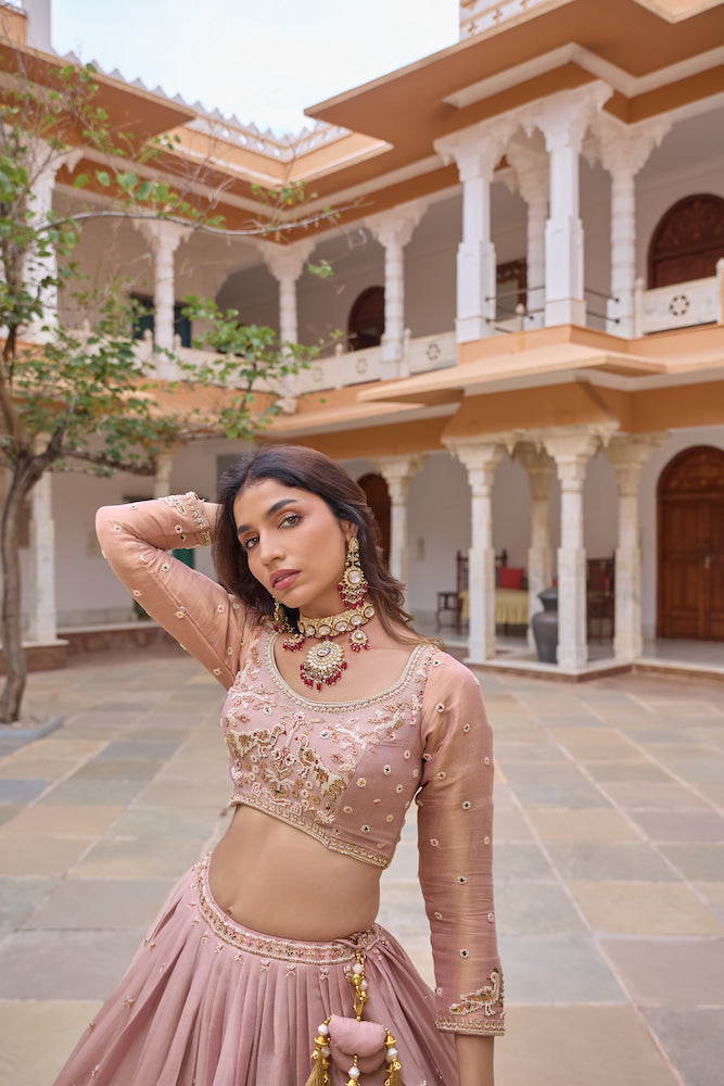 Blush Pink Lehenga Choli Set with Intricate Gold Embroidery, Embellished Blouse
