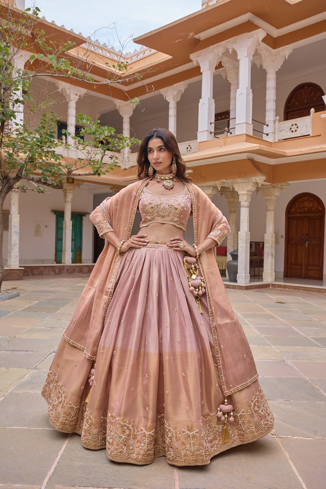 Blush Pink Lehenga Choli Set with Intricate Gold Embroidery, Embellished Blouse