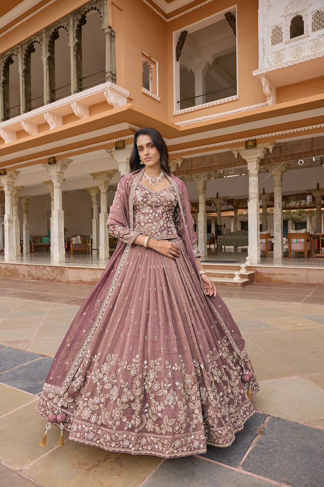 Dusty Mauve Pink Lehenga Choli with Floral Embroidery and Intricately Embellished Hemline