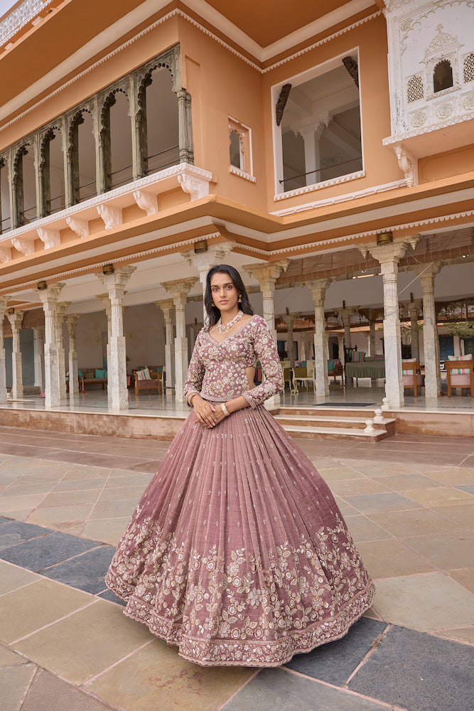 Dusty Mauve Pink Lehenga Choli with Floral Embroidery and Intricately Embellished Hemline