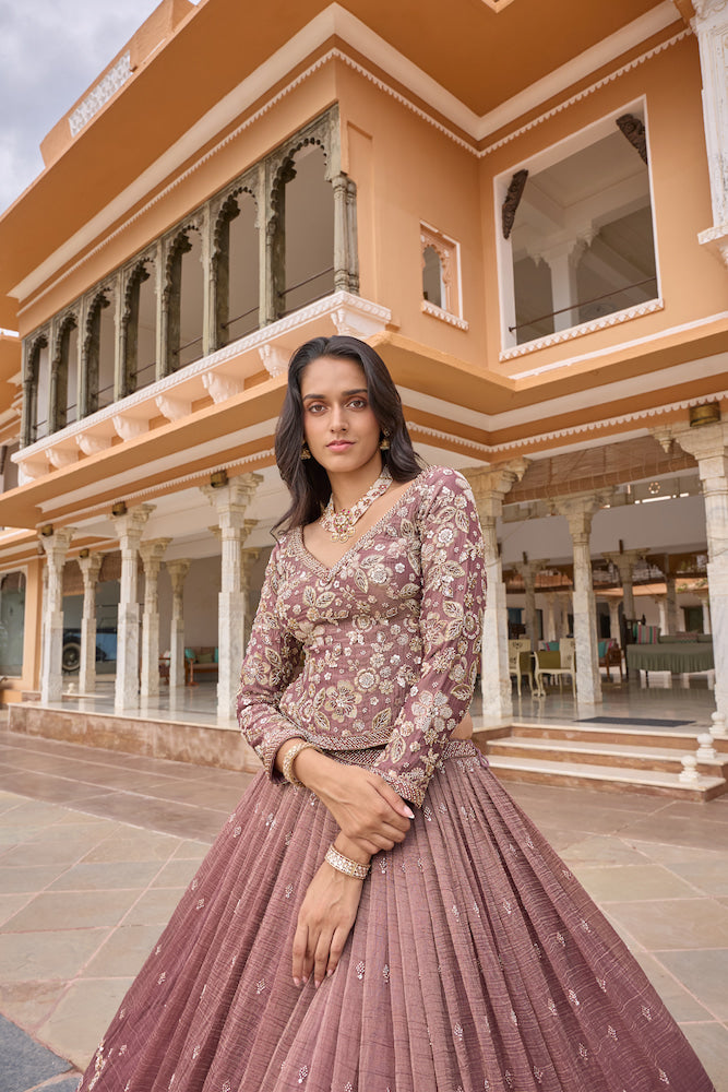 Dusty Mauve Pink Lehenga Choli with Floral Embroidery and Intricately Embellished Hemline