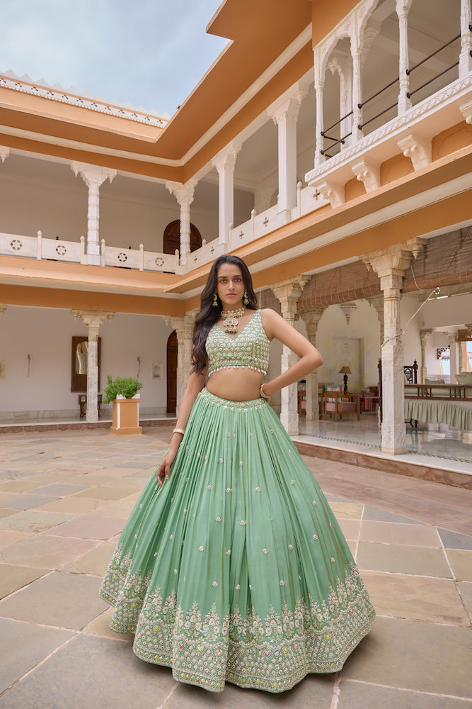 Pastel Mint Green Lehenga Choli Set with Intricate Multicolour Embroidery