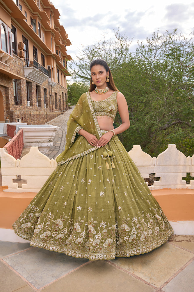Olive Green Lehenga Choli with Golden Floral Embroidery and Embellished Border