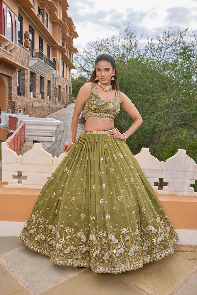 Olive Green Lehenga Choli with Golden Floral Embroidery and Embellished Border