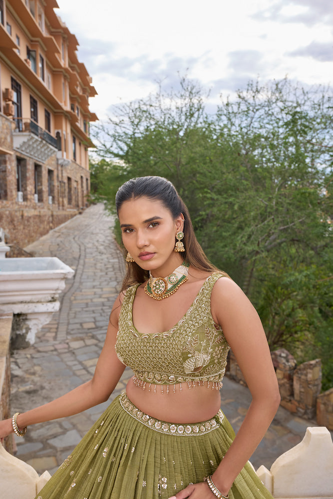 Olive Green Lehenga Choli with Golden Floral Embroidery and Embellished Border