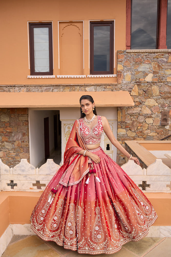 Coral Pink Lehenga Choli with Golden Floral Embroidery and Matching Dupatta