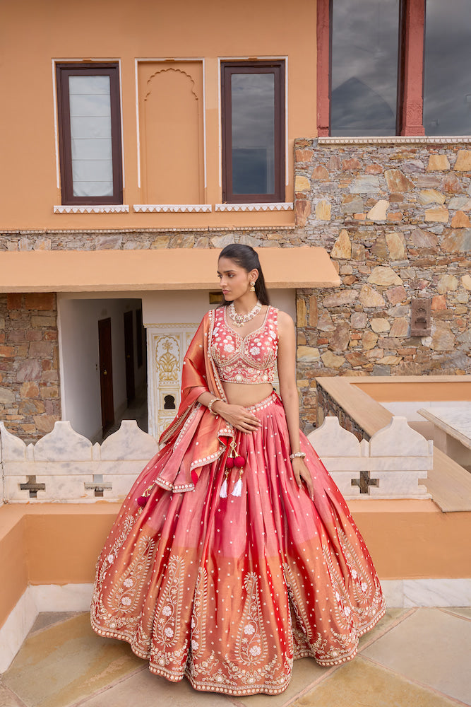 Coral Pink Lehenga Choli with Golden Floral Embroidery and Matching Dupatta