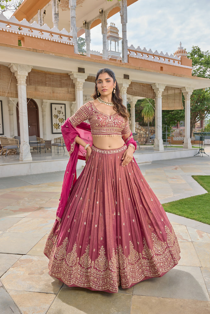 Dusty Rose Pink Lehenga Choli with Magenta Dupatta and Intricate Golden Embroidery