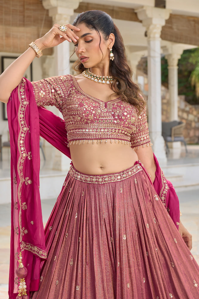 Dusty Rose Pink Lehenga Choli with Magenta Dupatta and Intricate Golden Embroidery