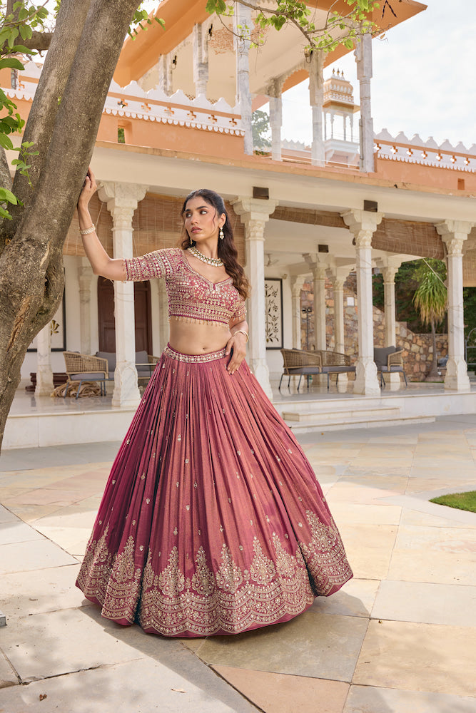 Dusty Rose Pink Lehenga Choli with Magenta Dupatta and Intricate Golden Embroidery