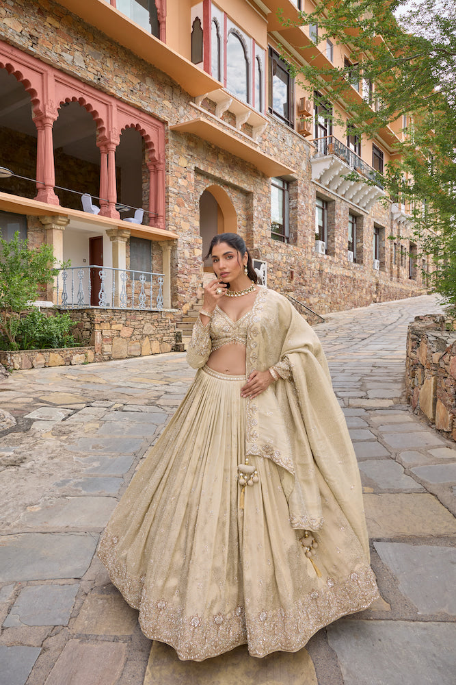 Product Title  Elegant Champagne Beige Lehenga Choli with Embroidered Dupatta