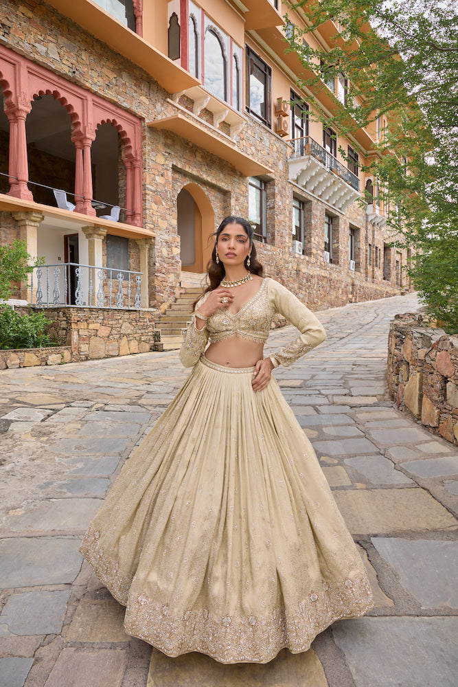 Product Title  Elegant Champagne Beige Lehenga Choli with Embroidered Dupatta