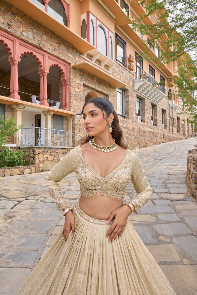 Product Title  Elegant Champagne Beige Lehenga Choli with Embroidered Dupatta