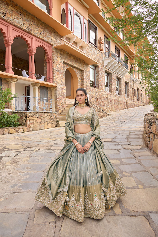 Sage Green Lehenga Choli with Golden Embroidery and Matching Dupatta