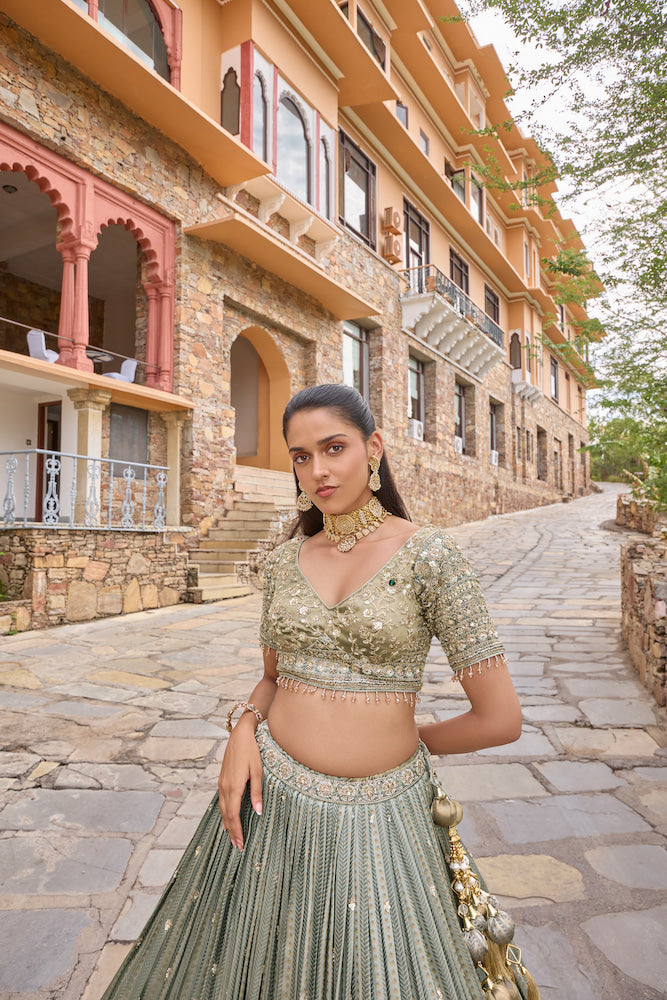 Sage Green Lehenga Choli with Golden Embroidery and Matching Dupatta