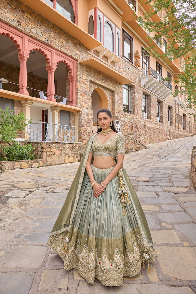 Sage Green Lehenga Choli with Golden Embroidery and Matching Dupatta