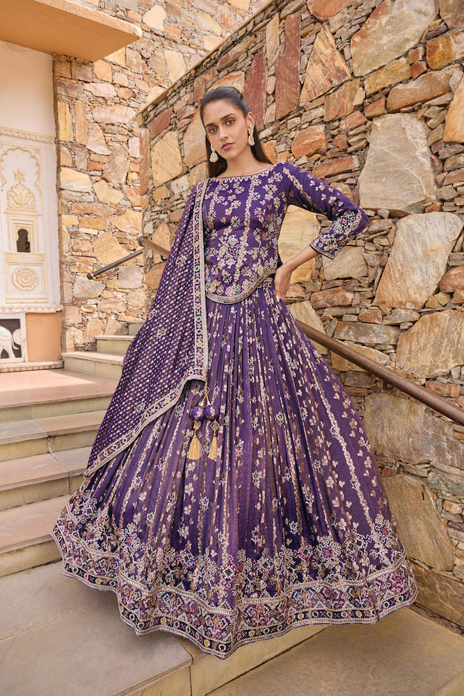 Royal Purple Lehenga Choli with Multicolour Floral Embroidery and Matching Dupatta