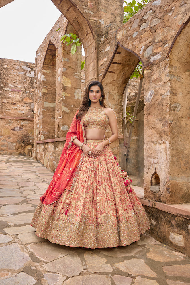 Peach Pink Lehenga Choli with Red Dupatta and Intricate Golden Embroidery