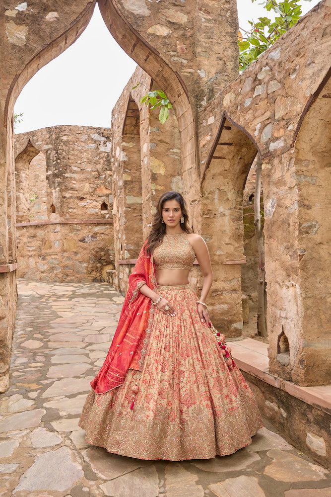 Peach Pink Lehenga Choli with Red Dupatta and Intricate Golden Embroidery