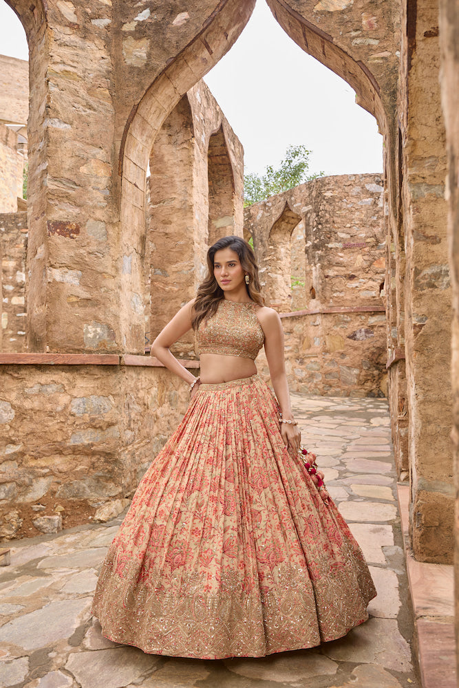 Peach Pink Lehenga Choli with Red Dupatta and Intricate Golden Embroidery
