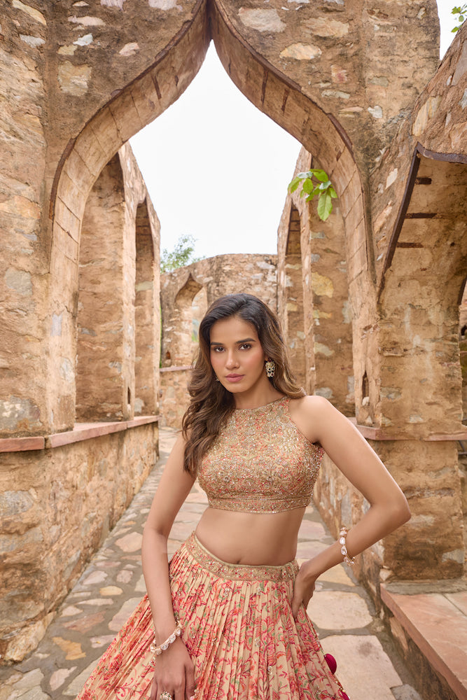 Peach Pink Lehenga Choli with Red Dupatta and Intricate Golden Embroidery