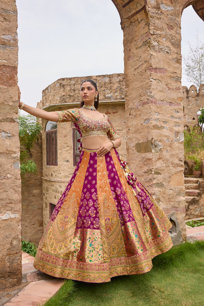 Rani Pink and Multicolour Lehenga Choli with Intricate Golden Embroidery