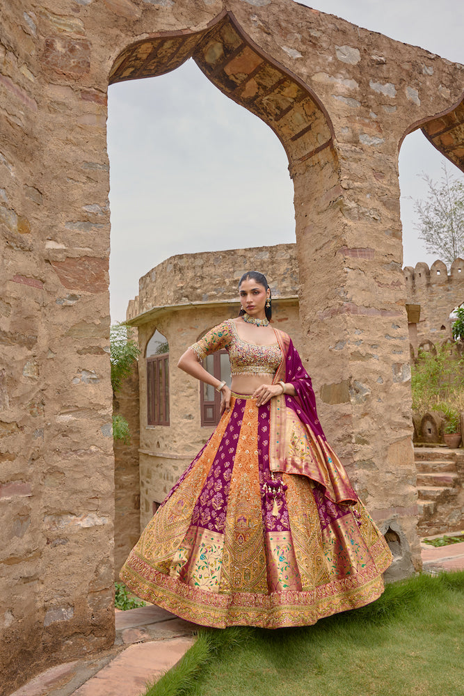 Rani Pink and Multicolour Lehenga Choli with Intricate Golden Embroidery