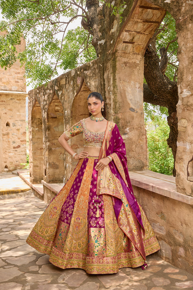 Rani Pink and Multicolour Lehenga Choli with Intricate Golden Embroidery