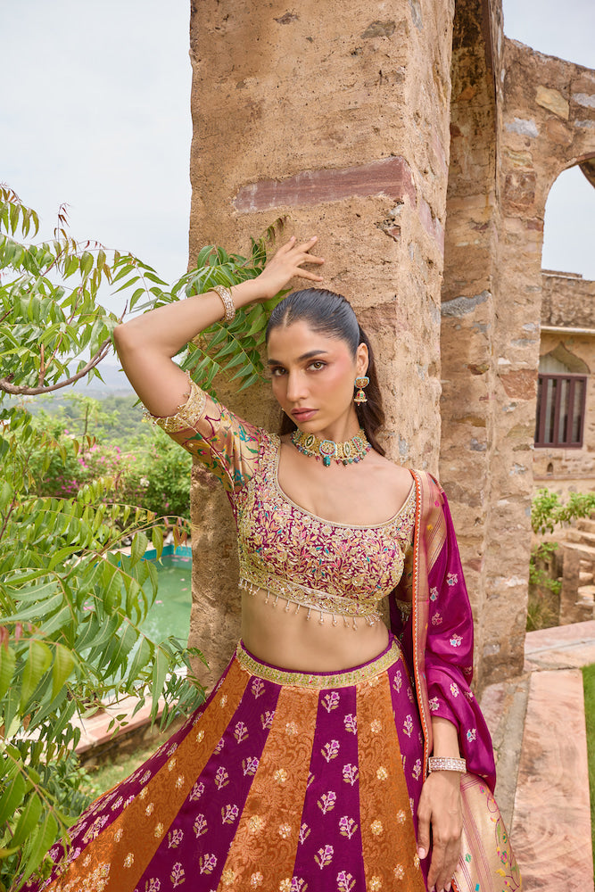 Rani Pink and Multicolour Lehenga Choli with Intricate Golden Embroidery