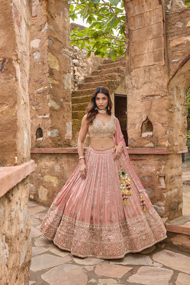 Blush Pink Lehenga Choli with Golden Embroidery and Matching Dupatta