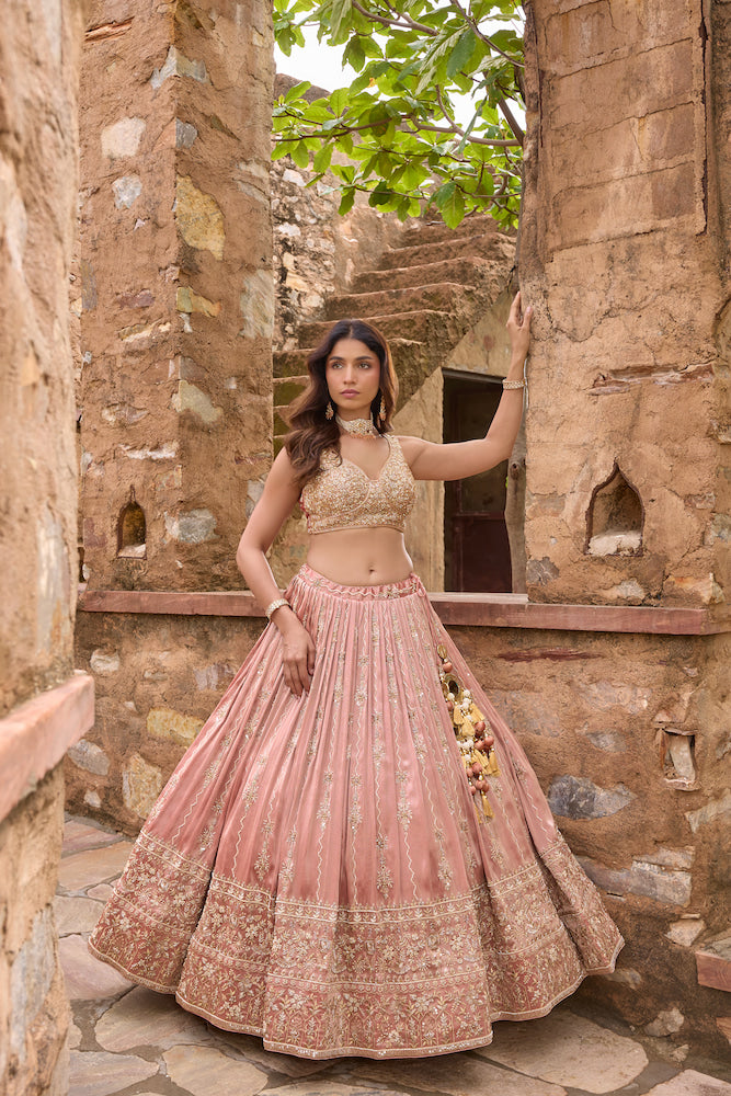 Blush Pink Lehenga Choli with Golden Embroidery and Matching Dupatta