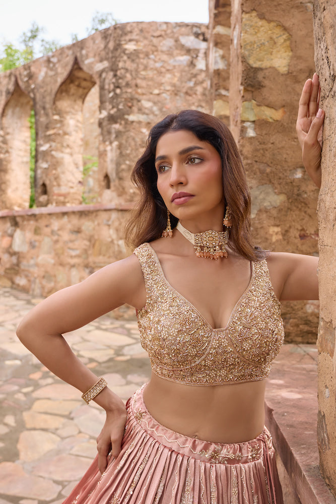 Blush Pink Lehenga Choli with Golden Embroidery and Matching Dupatta