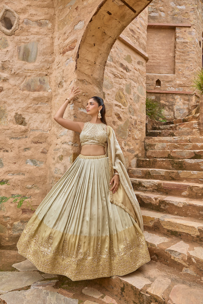 Ivory Beige Lehenga Choli with Golden Embroidered Border and Matching Dupatta