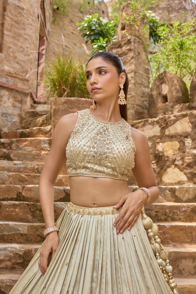 Ivory Beige Lehenga Choli with Golden Embroidered Border and Matching Dupatta