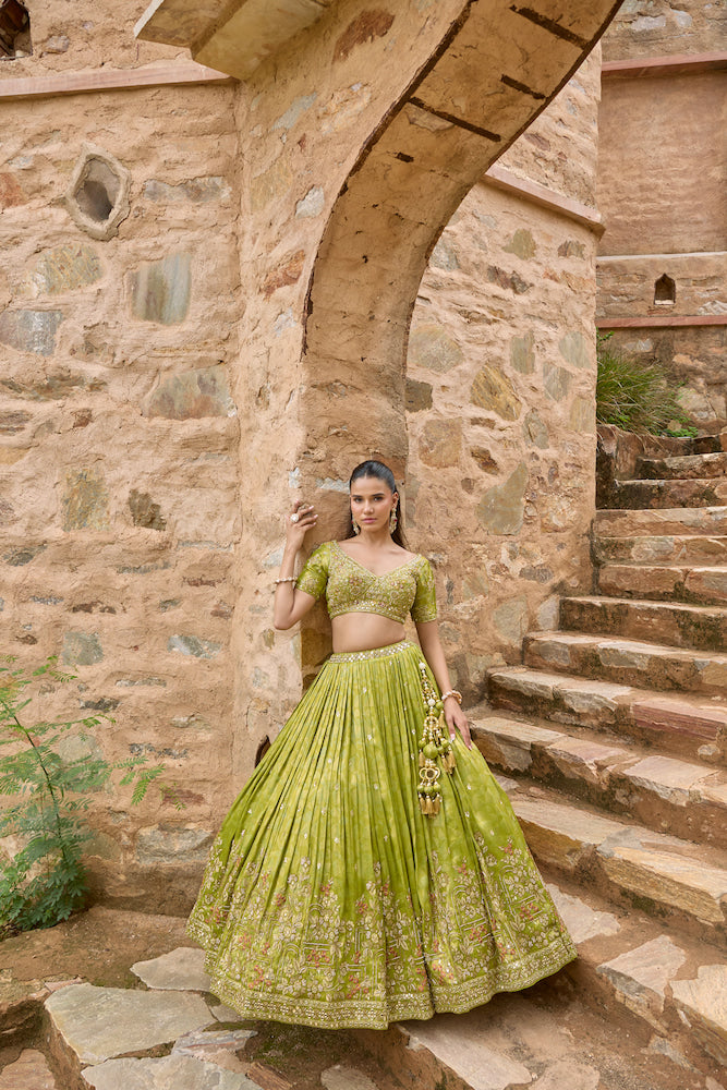 Lime Green Lehenga Choli with Red Dupatta and Intricate Golden Embroidery