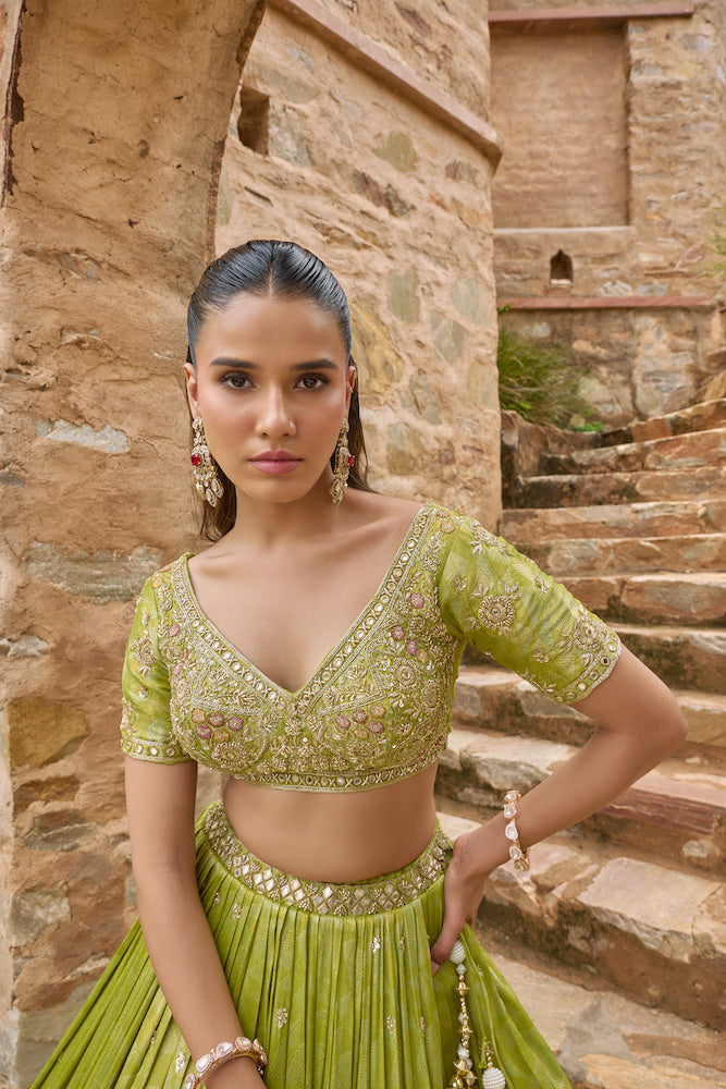Lime Green Lehenga Choli with Red Dupatta and Intricate Golden Embroidery