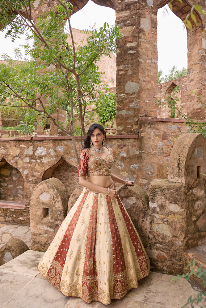 Ivory and Maroon Designer Lehenga Choli with Multicolour Embroidered Panels