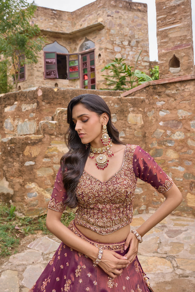 Wine Purple Designer Lehenga Choli with Blush Pink Dupatta and Intricate Embroidered Border