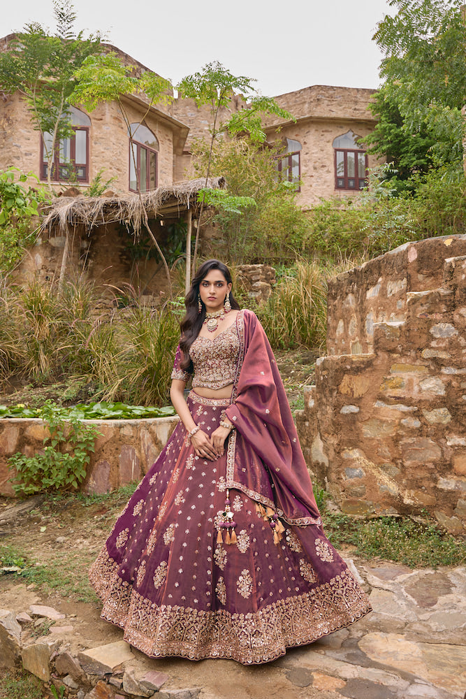 Wine Purple Designer Lehenga Choli with Blush Pink Dupatta and Intricate Embroidered Border