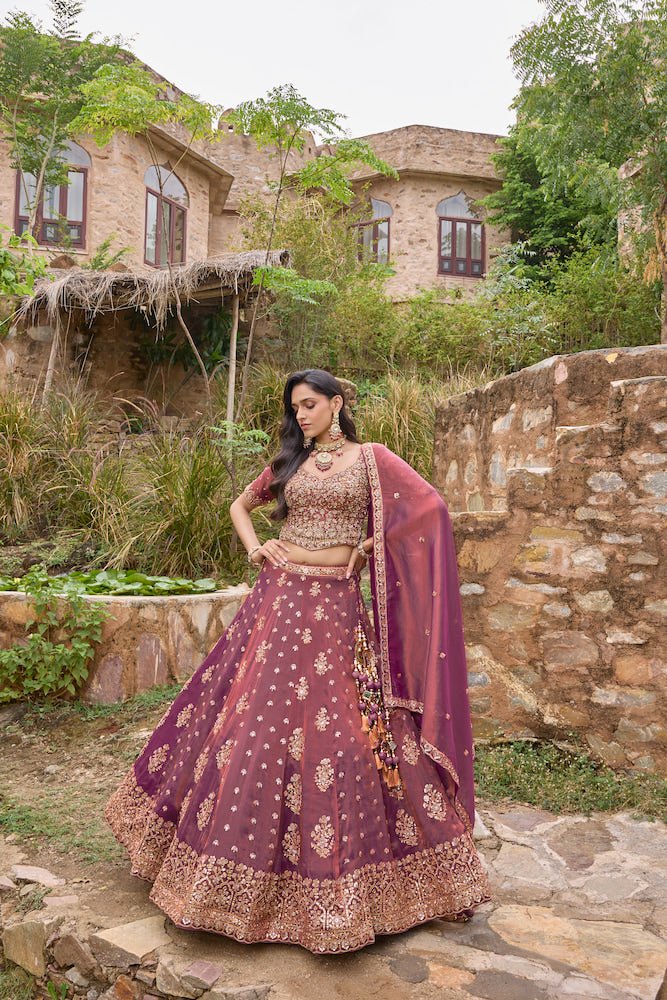 Wine Purple Designer Lehenga Choli with Blush Pink Dupatta and Intricate Embroidered Border