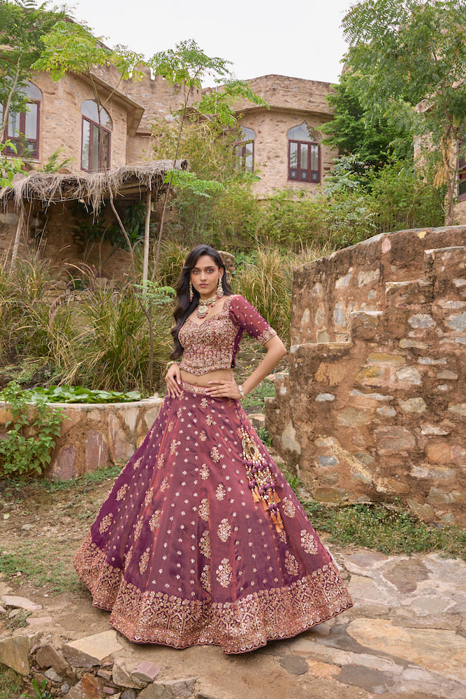Wine Purple Designer Lehenga Choli with Blush Pink Dupatta and Intricate Embroidered Border