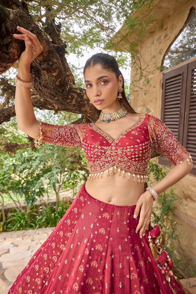 Deep Magenta Lehenga Choli with Golden Embroidery and Matching Dupatta
