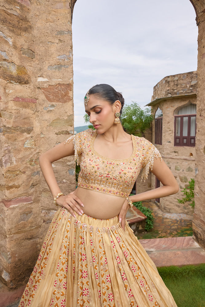 Peach Beige Lehenga Choli with Multicolour Floral Embroidery and Embellished Border