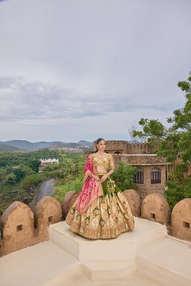 Olive Green Designer Lehenga Choli with Pink Dupatta and Multicolour Embroidered Border