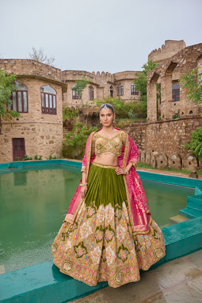 Olive Green Designer Lehenga Choli with Pink Dupatta and Multicolour Embroidered Border